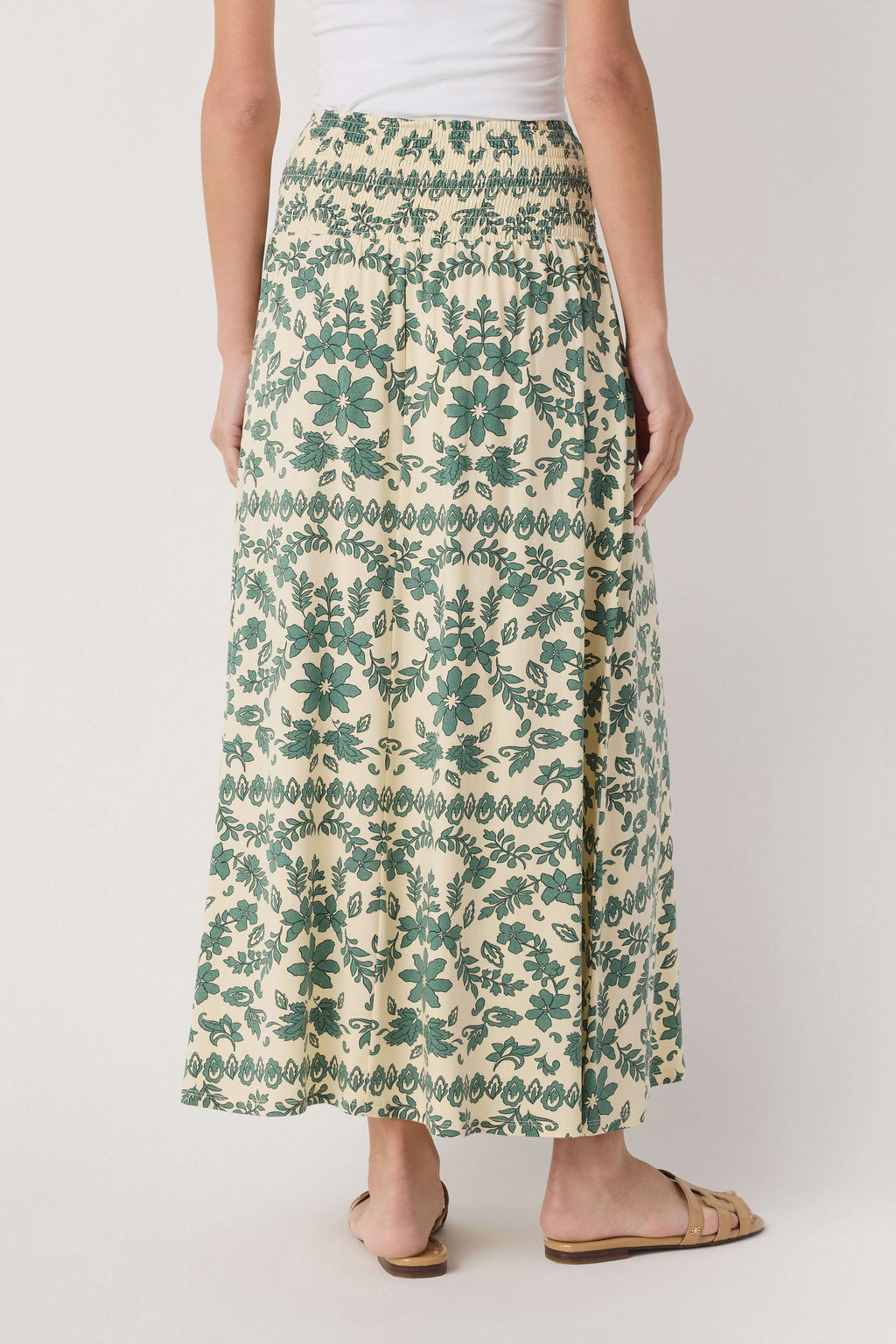 Green and cream paisley print maxi skirt with elastic waistband and tiered look