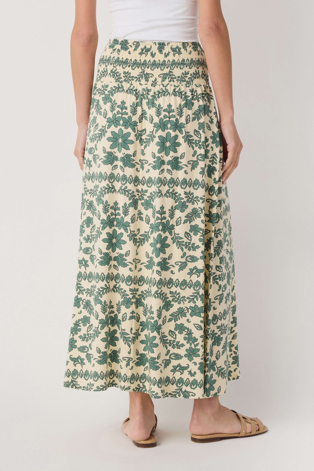 Green and cream paisley print maxi skirt with elastic waistband and tiered look