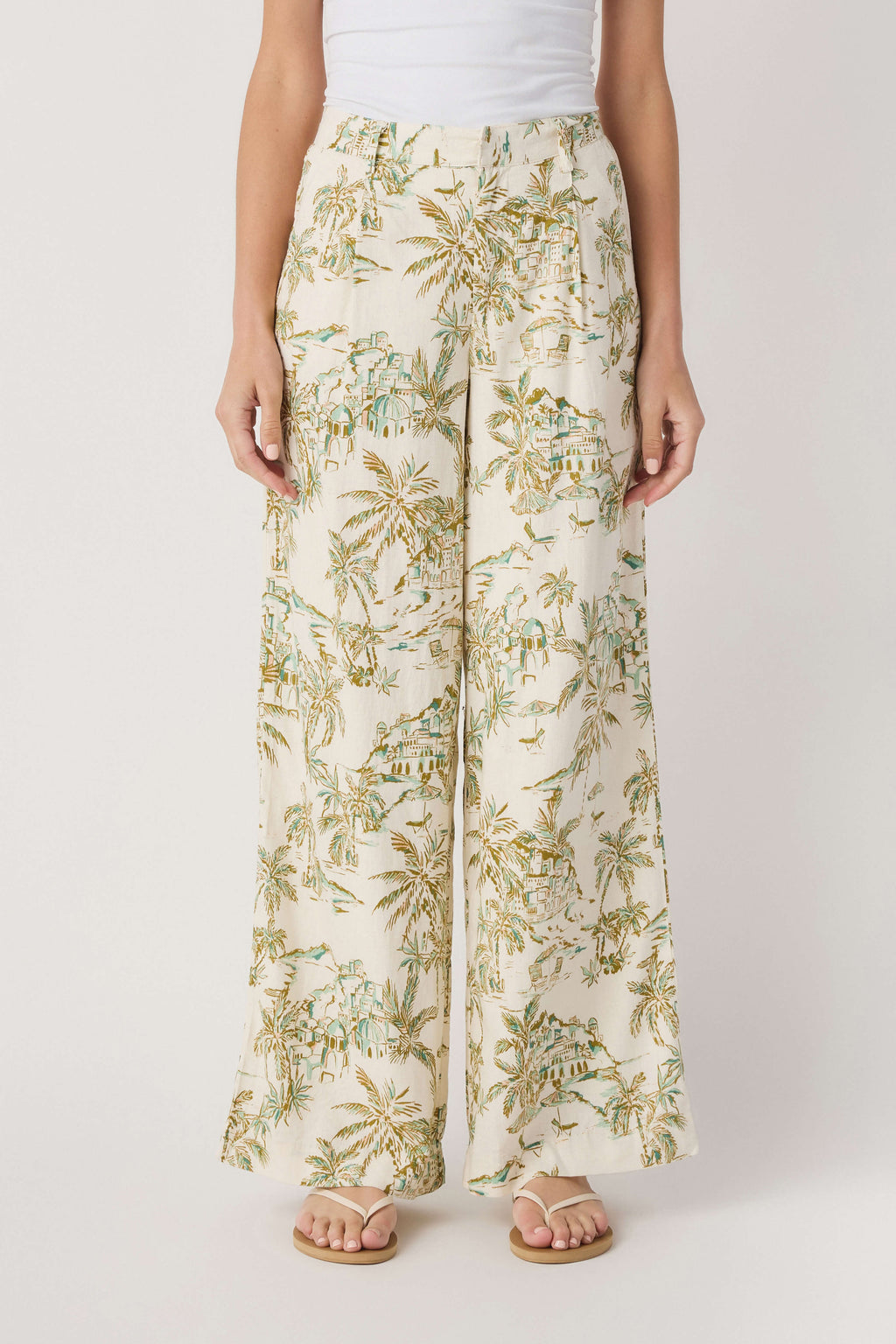 Tropical palm-print linen pants with elastic waistband and relaxed wide-leg fit
