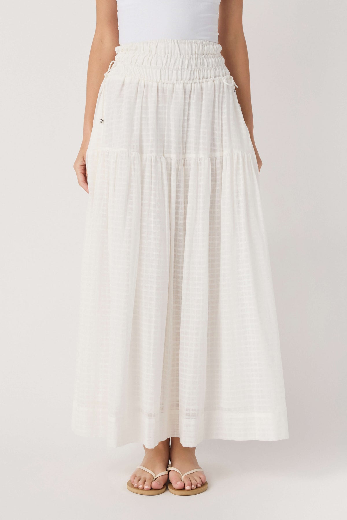 Off-white tiered maxi skirt with smocked elastic waist