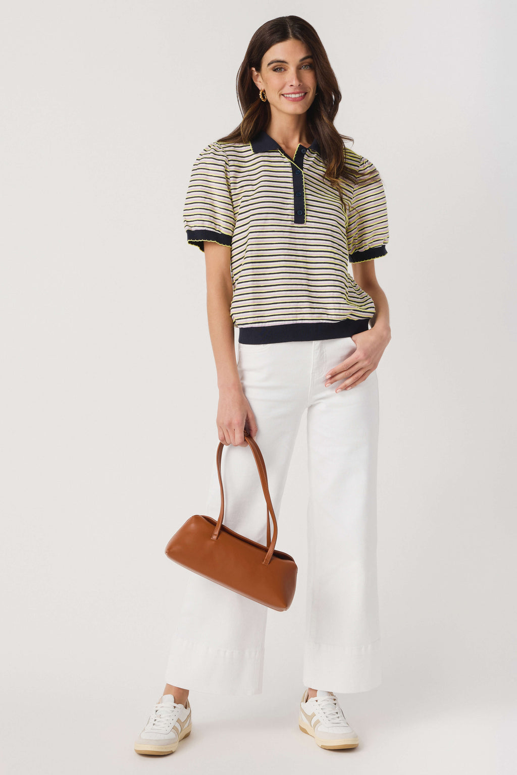 Yellow and navy striped polo top with button placket and short sleeves