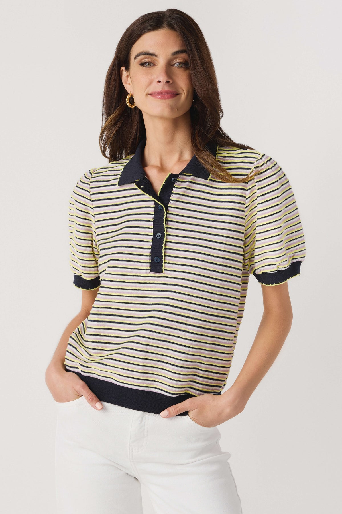 Yellow and navy striped polo top with dark collar and button placket