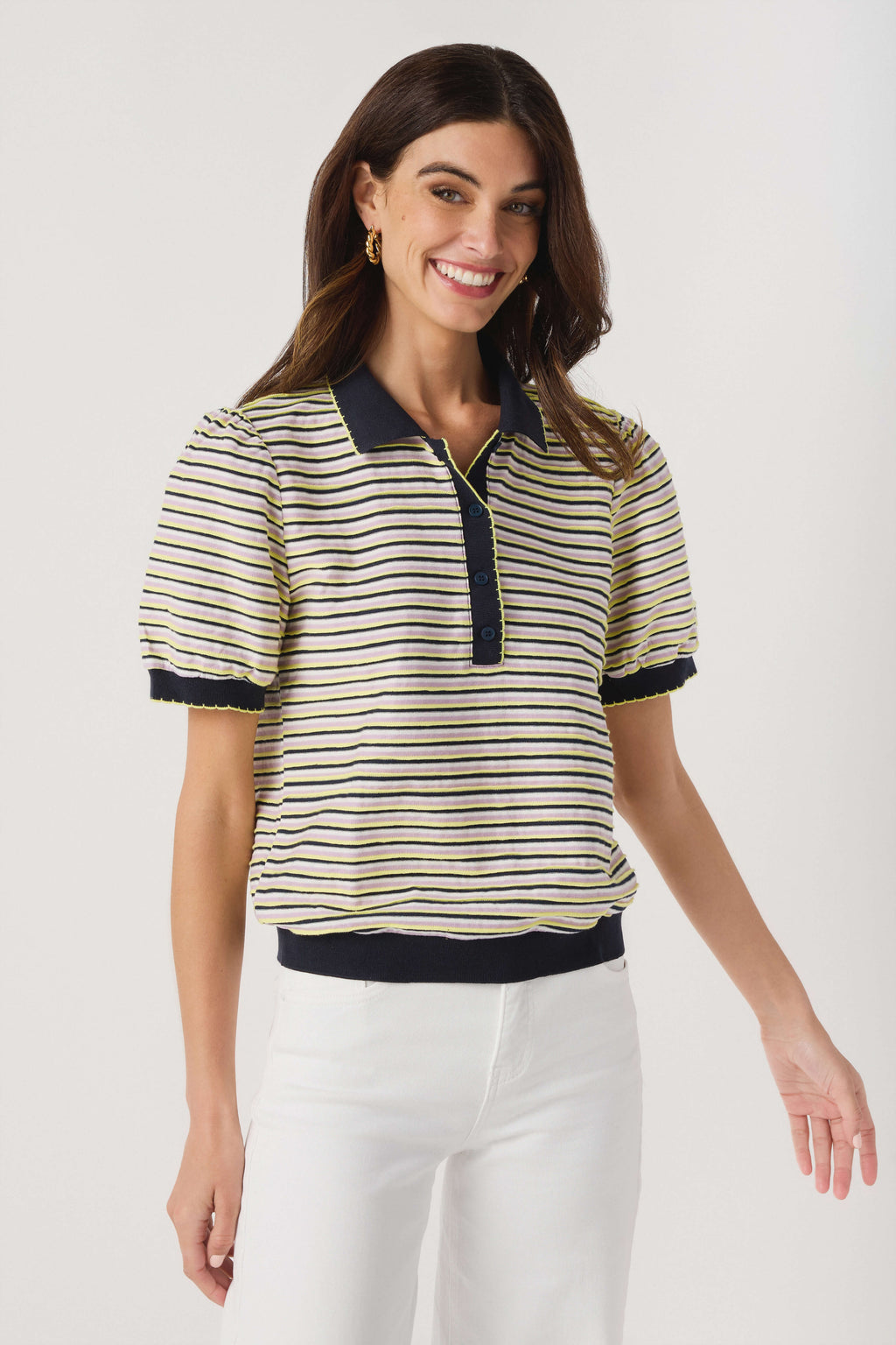 Yellow and navy striped polo top with ribbed collar and short sleeves