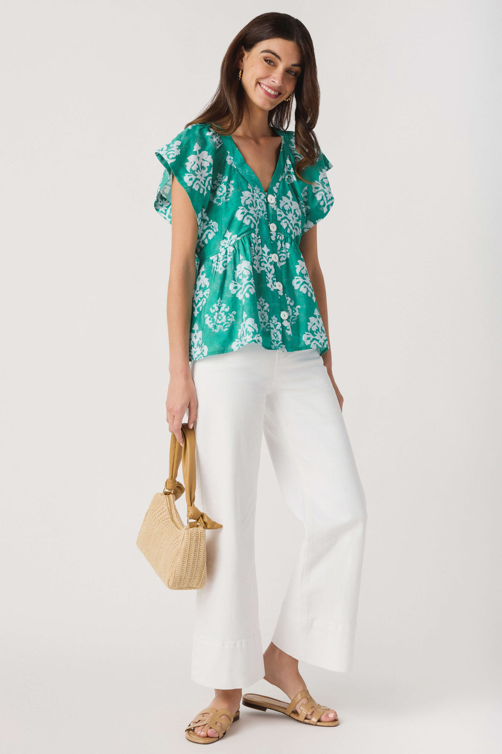 Tan woven top-handle mini bag with braided handles