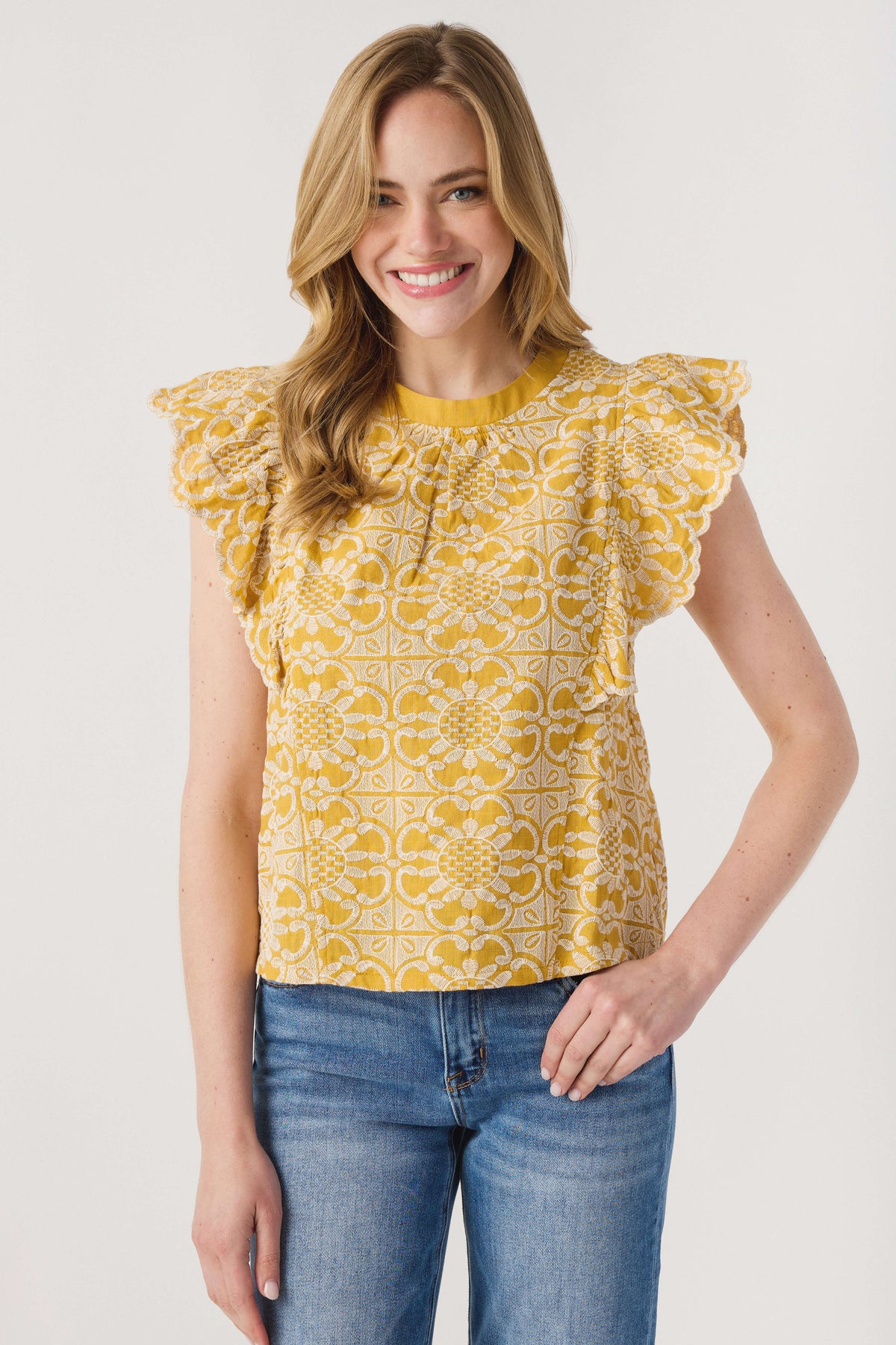 Mustard printed ruffle-sleeve blouse with round neckline