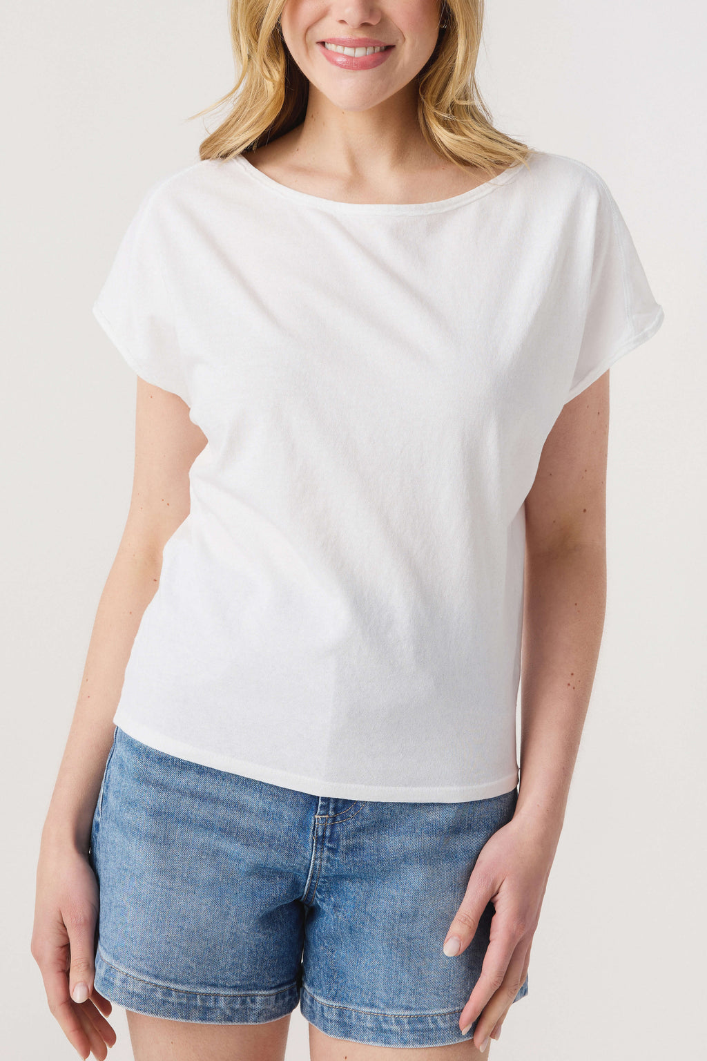 White crew-neck short-sleeve tee with relaxed fit