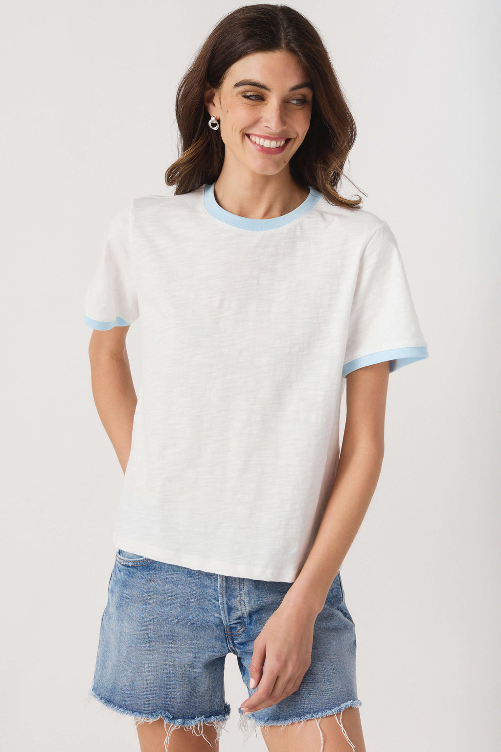 White slub ringer tee with light blue crew trim, front view crew neckline