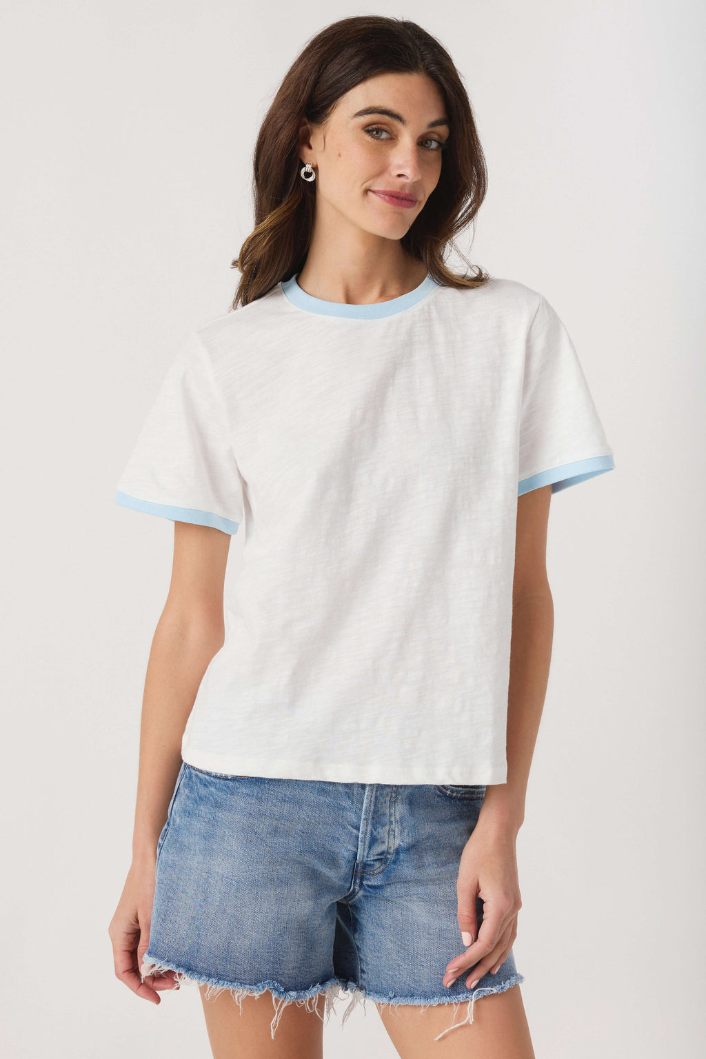 White slub ringer tee with light blue crew trim, front view crew neck and hem