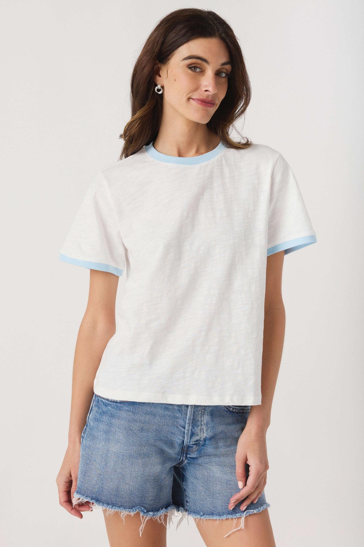 White slub ringer tee with light blue crew trim, front view crew neck and hem