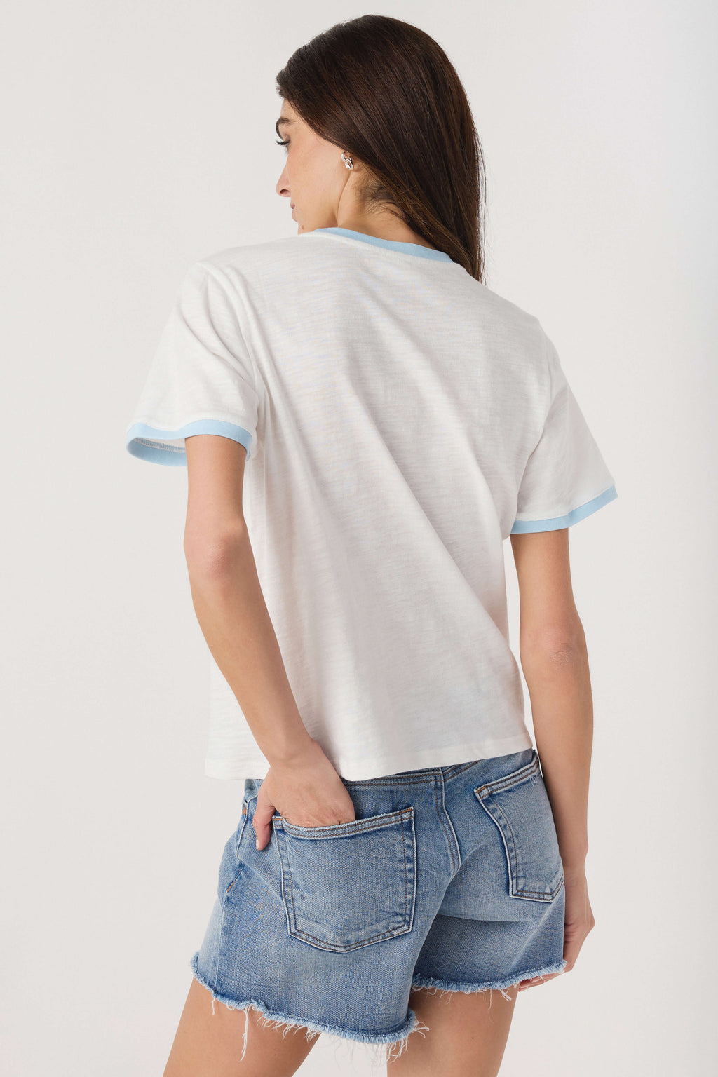 Ringer tee with white slub knit and light blue crew neck and sleeve trim, short sleeves