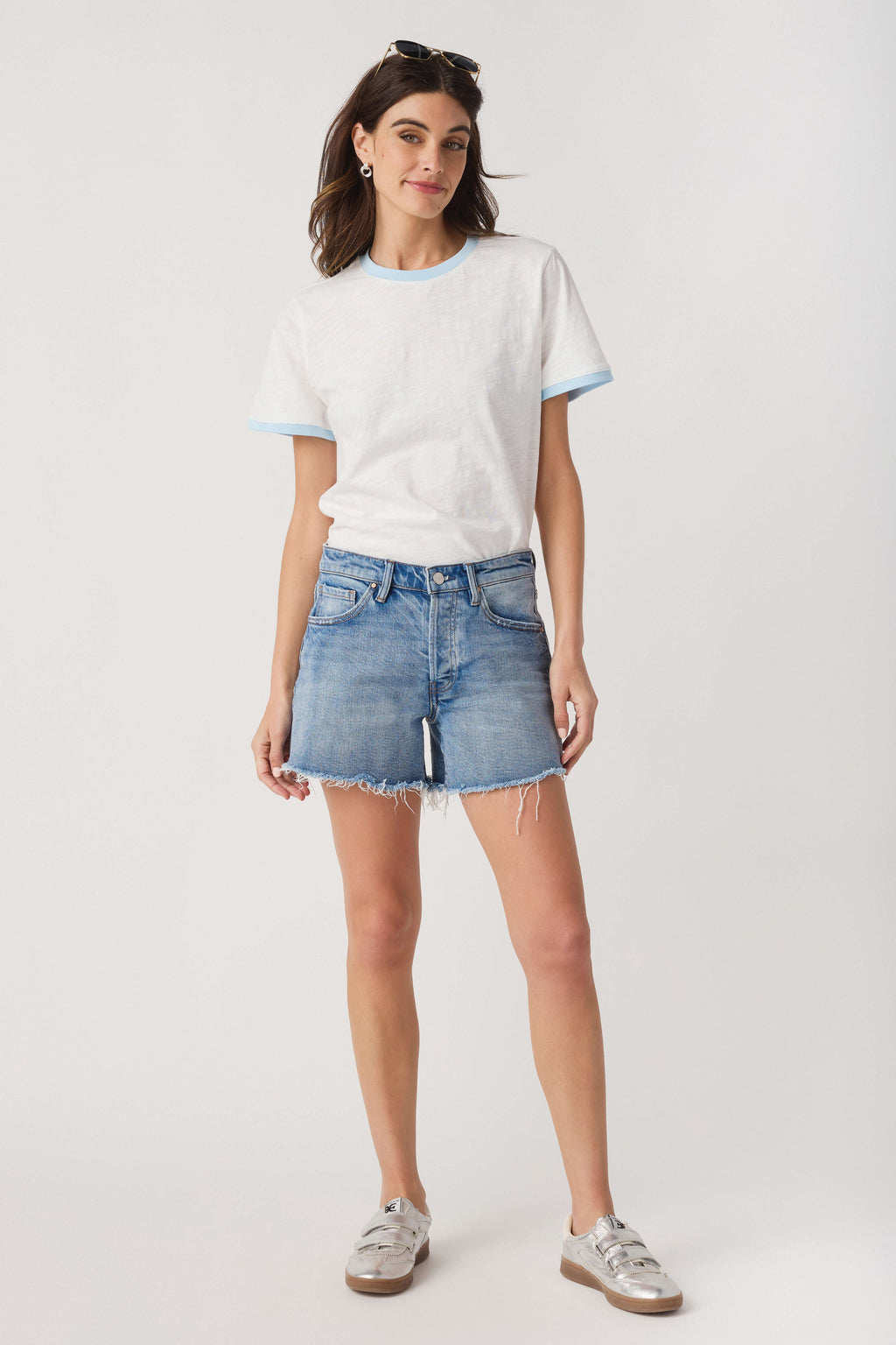 White slub ringer tee with light blue crew trim, front view short sleeves