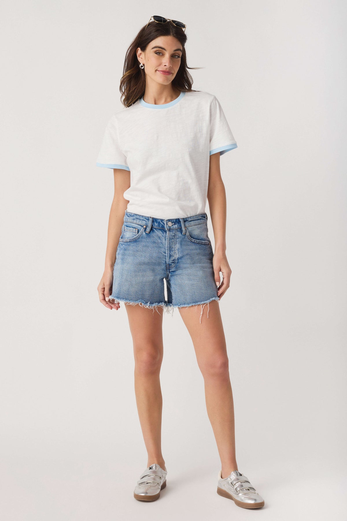 White slub ringer tee with light blue crew trim, front view short sleeves