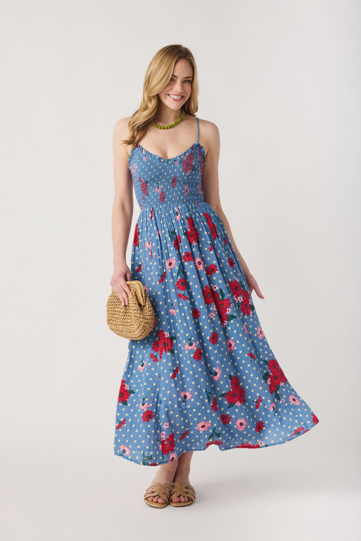 Blue floral midi dress with spaghetti straps, gathered waist and flared skirt