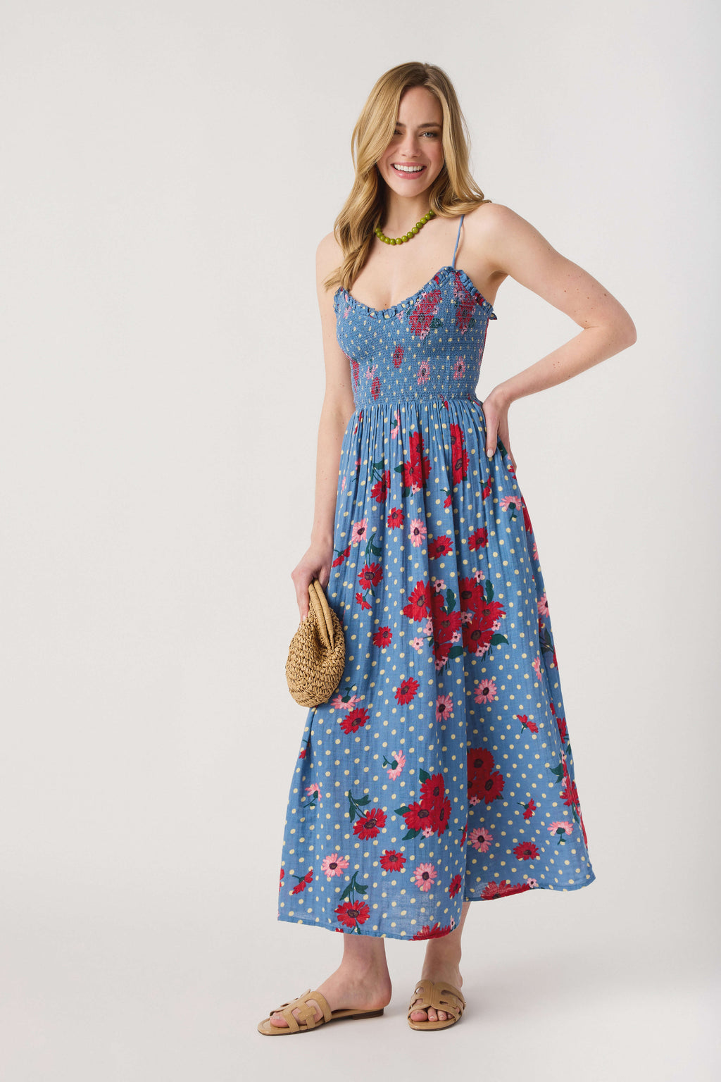 Blue floral midi sundress with spaghetti straps and gathered waist