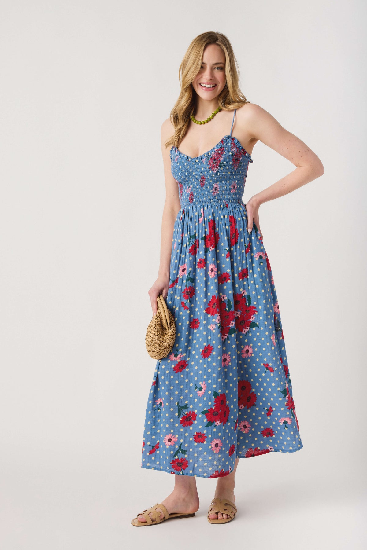 Blue floral midi sundress with spaghetti straps and gathered waist