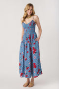 Blue floral midi dress with scoop neckline, spaghetti straps and gathered waist