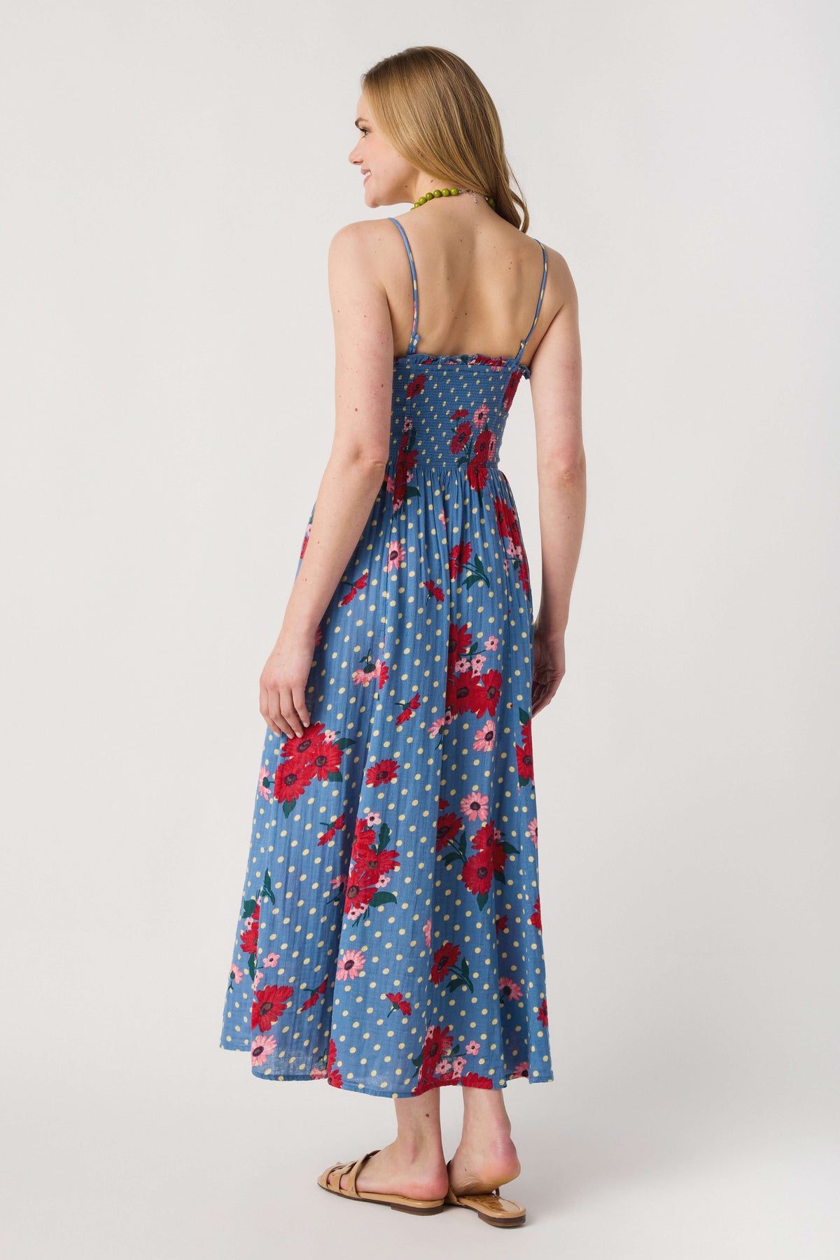 Blue floral midi dress, back view, spaghetti straps and gathered waist