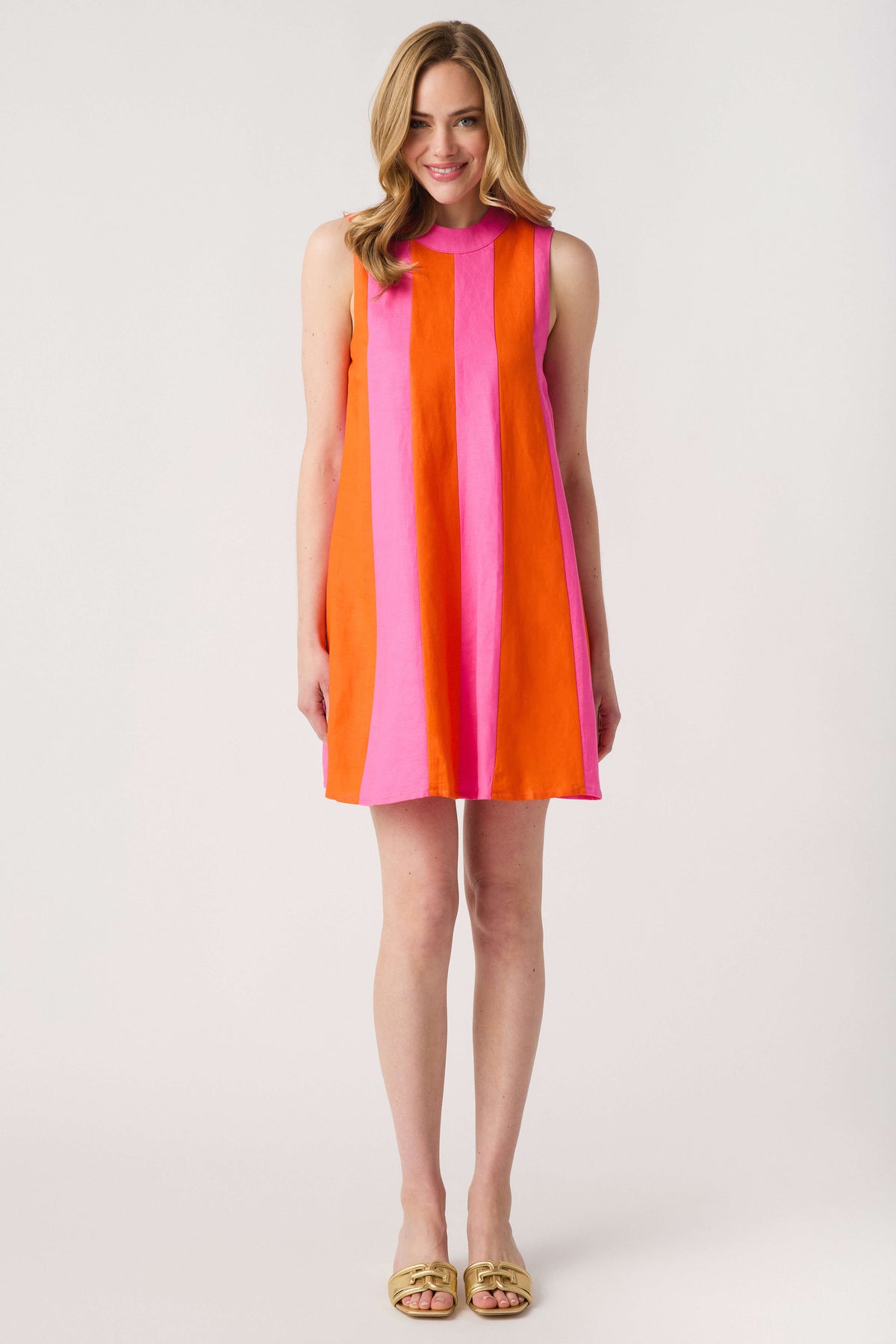 THML colorblock mini dress, sleeveless with vertical magenta and orange panels
