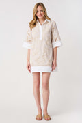 Floral embroidered shirt dress, white V-neck placket and contrast hem; light taupe stripes.