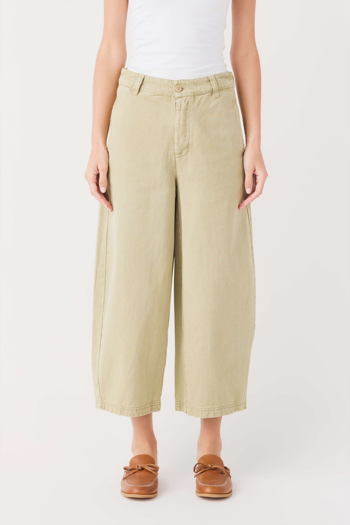 Aloe green chino pants with front button closure, belt loops, and cropped wide legs