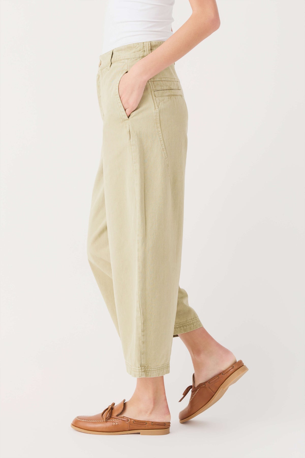 Aloe green chino pants with slanted front pockets, belt loops, and cropped tapered legs