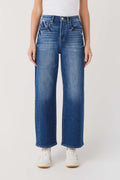 High-rise barrel jeans, blue denim with back patch pockets and belt loops