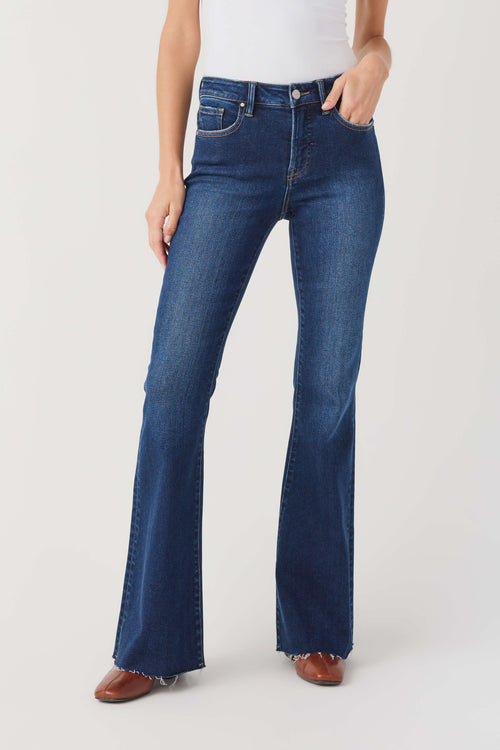High-rise dark blue flare jeans with front pockets and flared bootcut legs