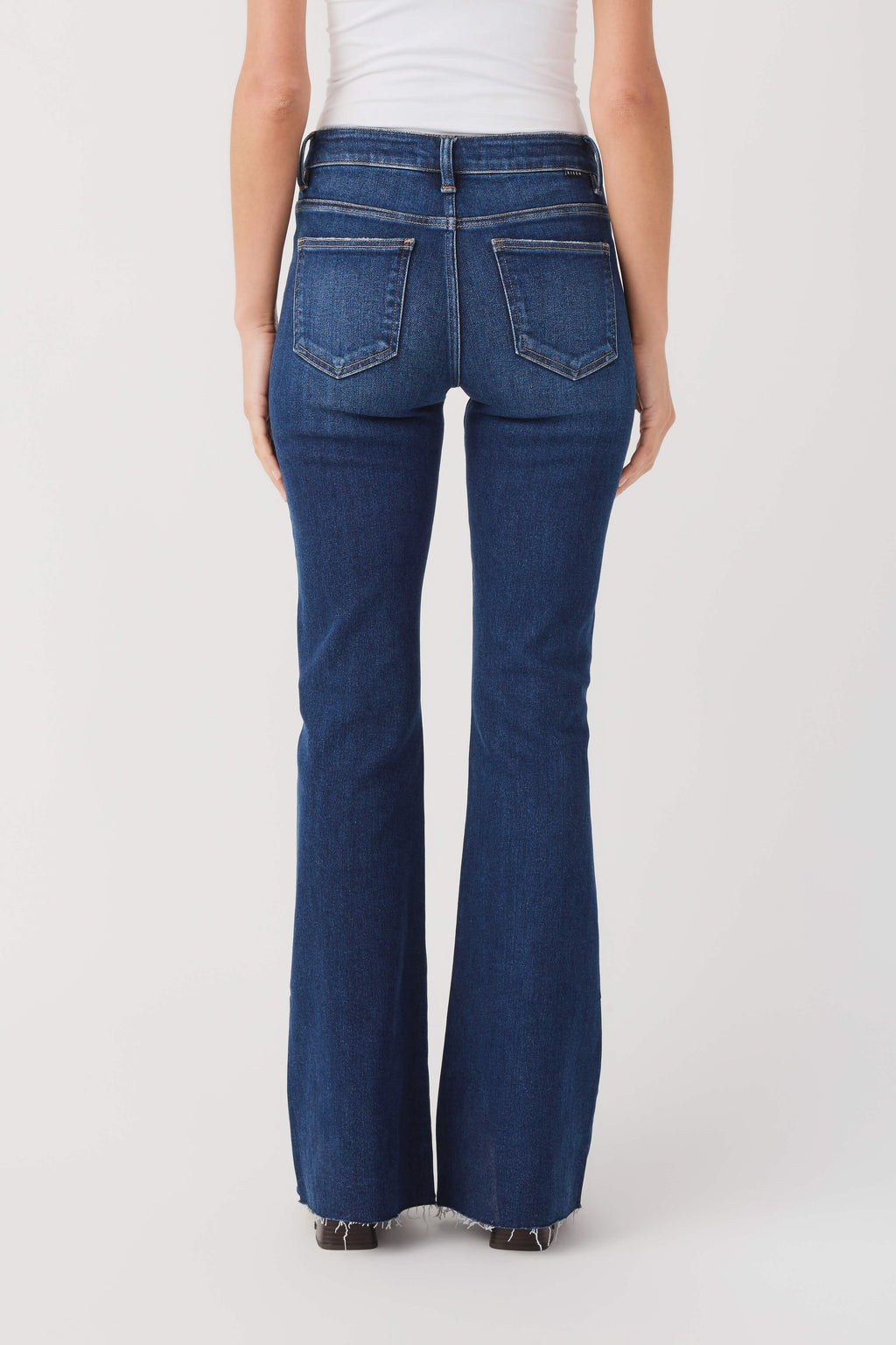 High-rise dark blue flare jeans with back pockets and straight button closure