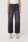 High-rise barrel jeans in dark denim wash, relaxed straight-leg fit with button waistband