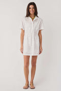 White eyelet mini dress with short sleeves and V-neck, front button placket