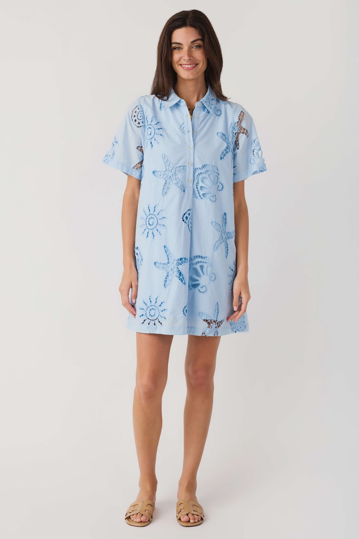 Blue eyelet shirt dress with allover circular embroidery, short sleeves, button front