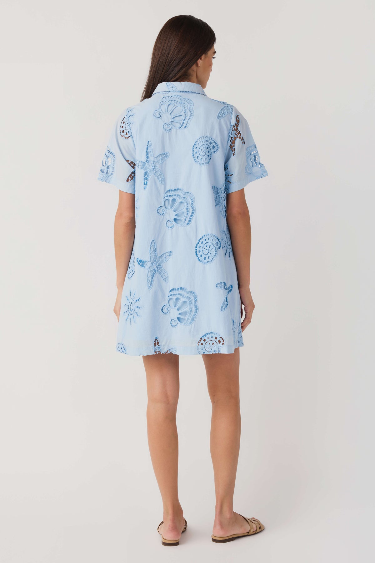 Blue eyelet shirt dress with allover circular embroidery, back view, short sleeves