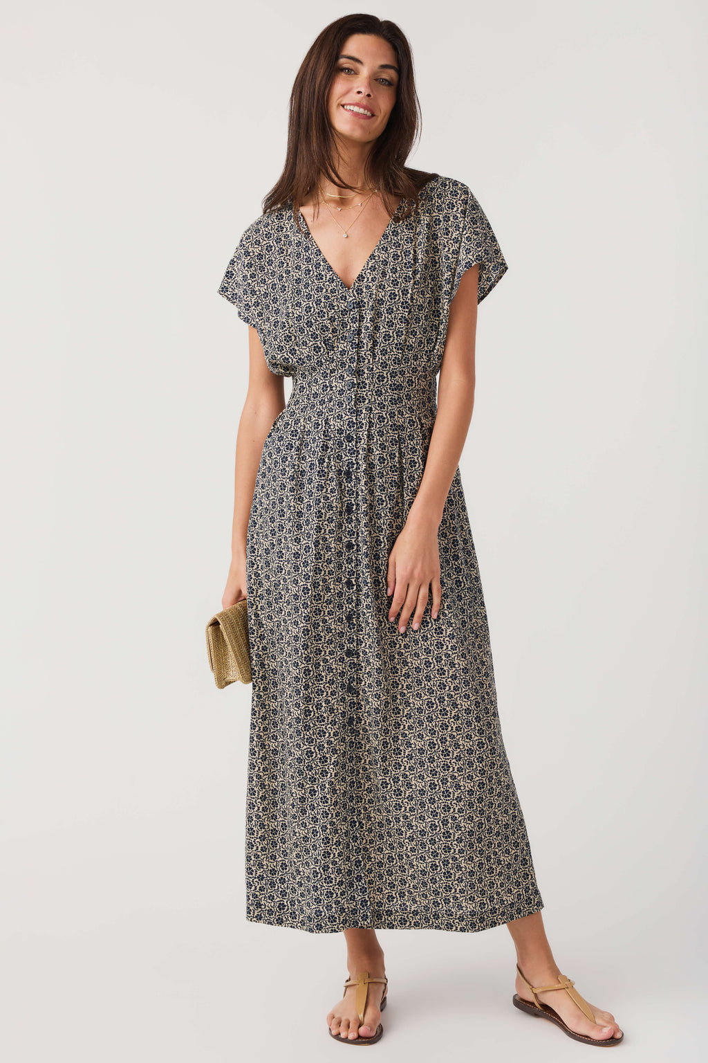 Z Supply floral midi dress in dark blue with V-neck and short flutter sleeves