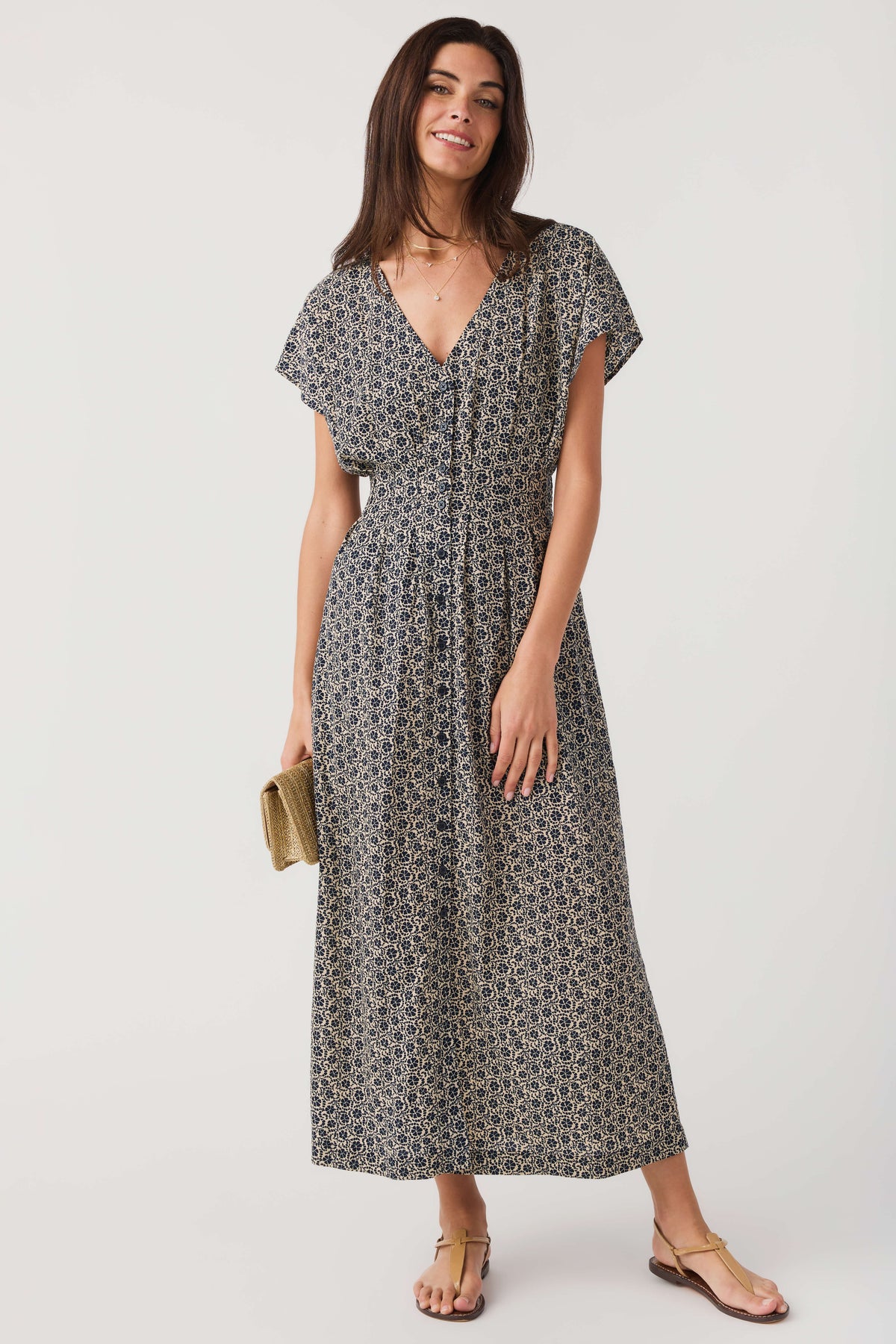 Z Supply floral midi dress in dark blue with V-neck and short flutter sleeves
