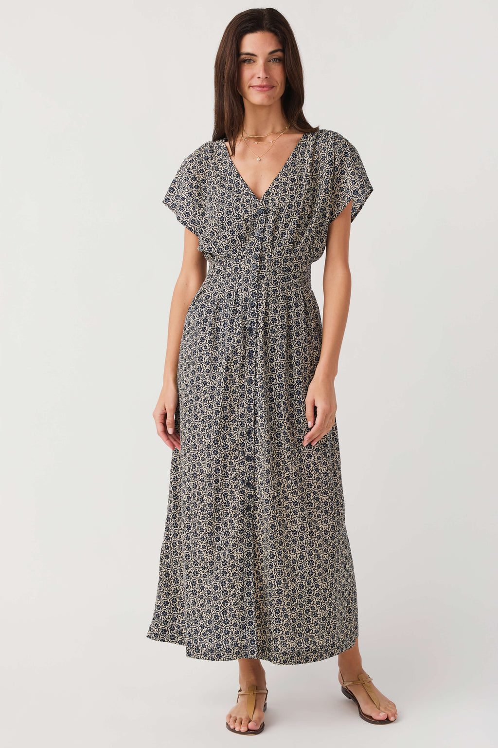 Z Supply dark blue floral midi dress with button-front V-neck and flutter sleeves