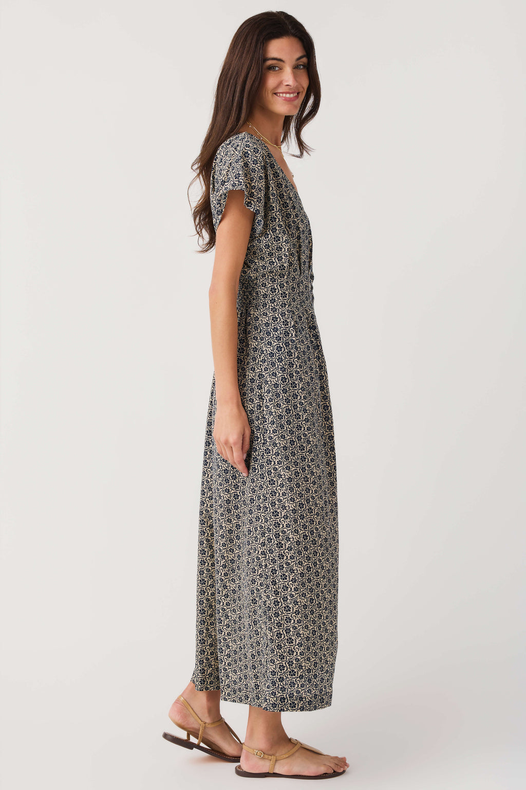 Z Supply dark floral midi dress with V-neck, short flutter sleeves, and fitted waist