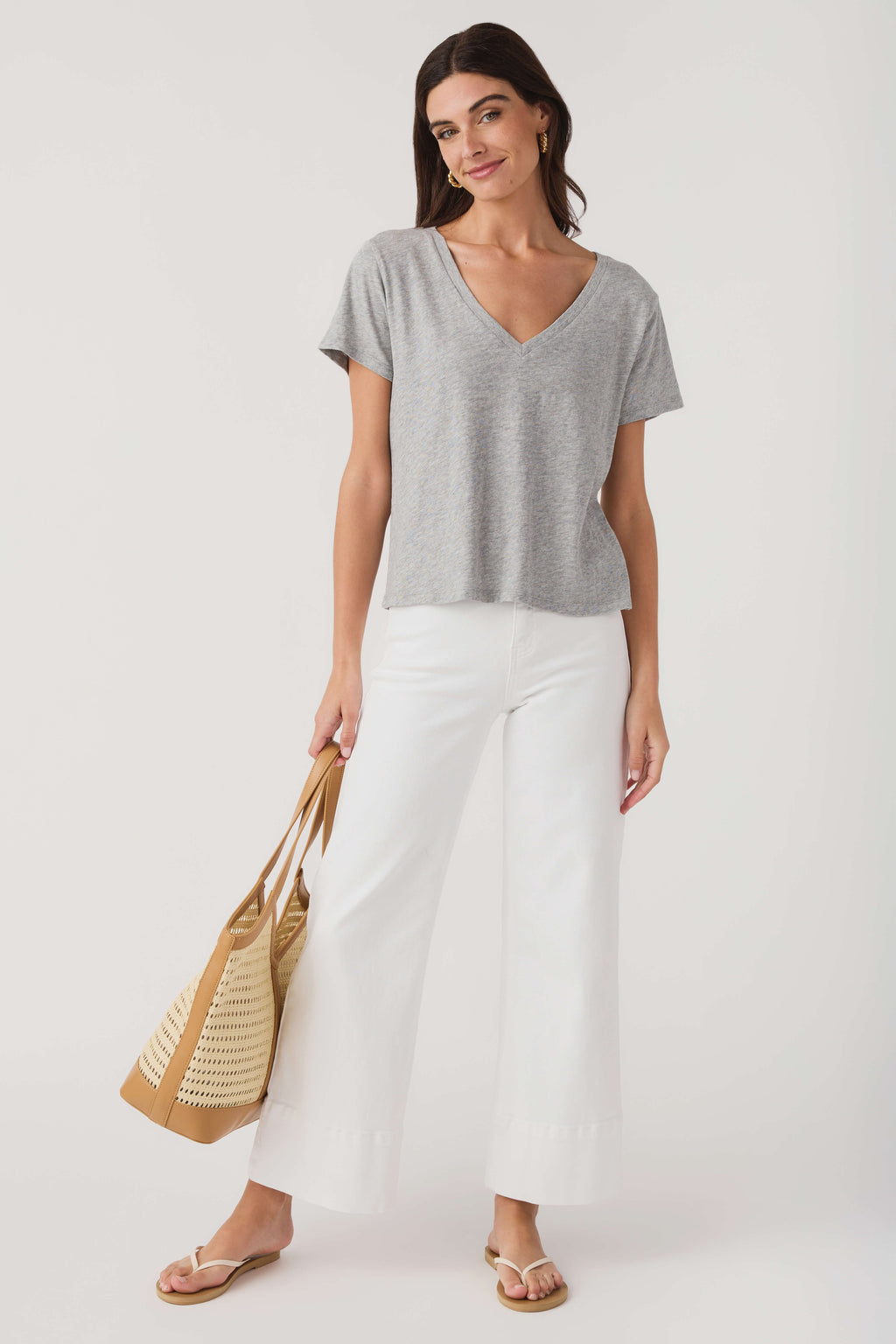 Heather gray V-neck short-sleeve tee with relaxed fit and soft texture