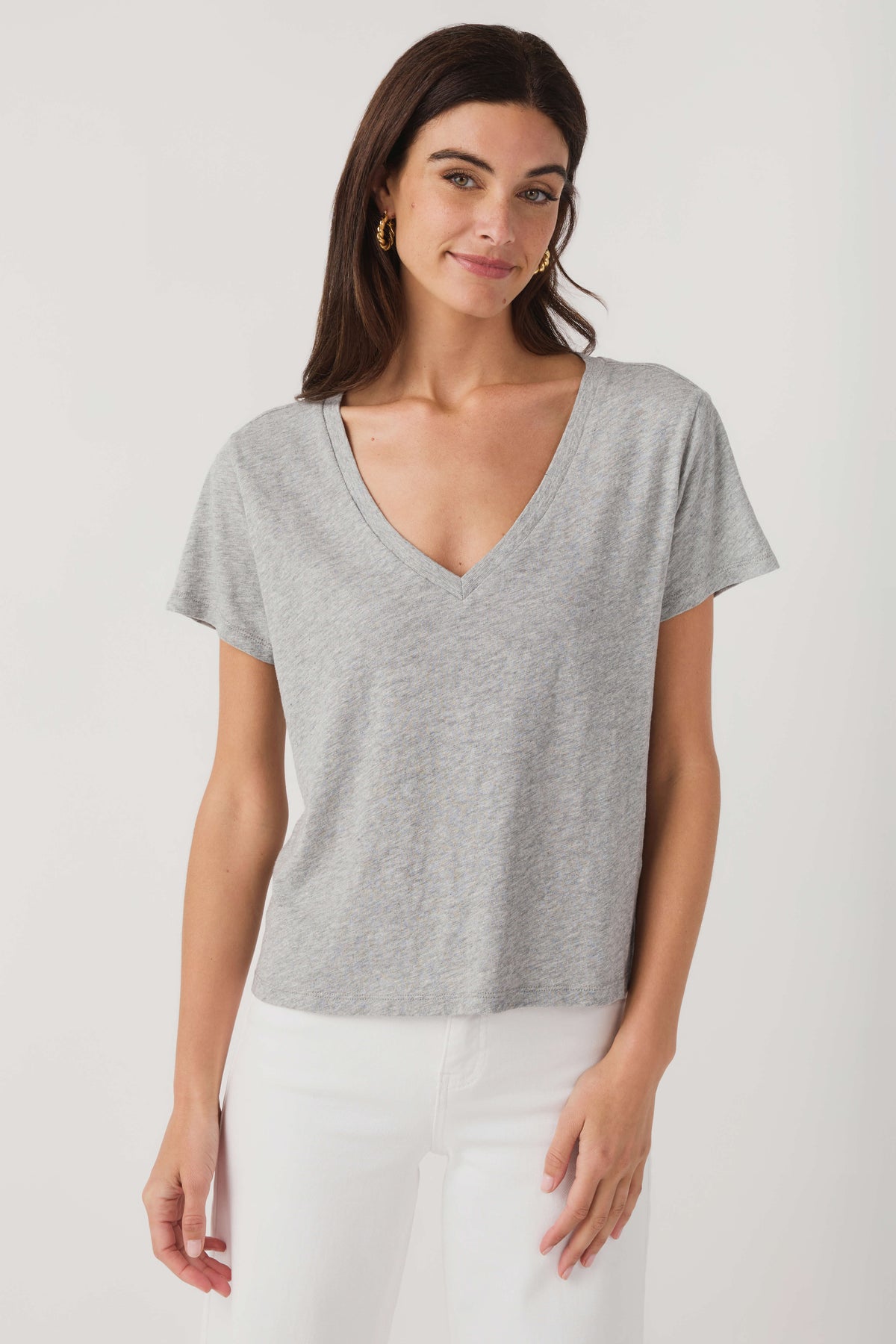 Heather gray V-neck short-sleeve tee shirt with relaxed drape