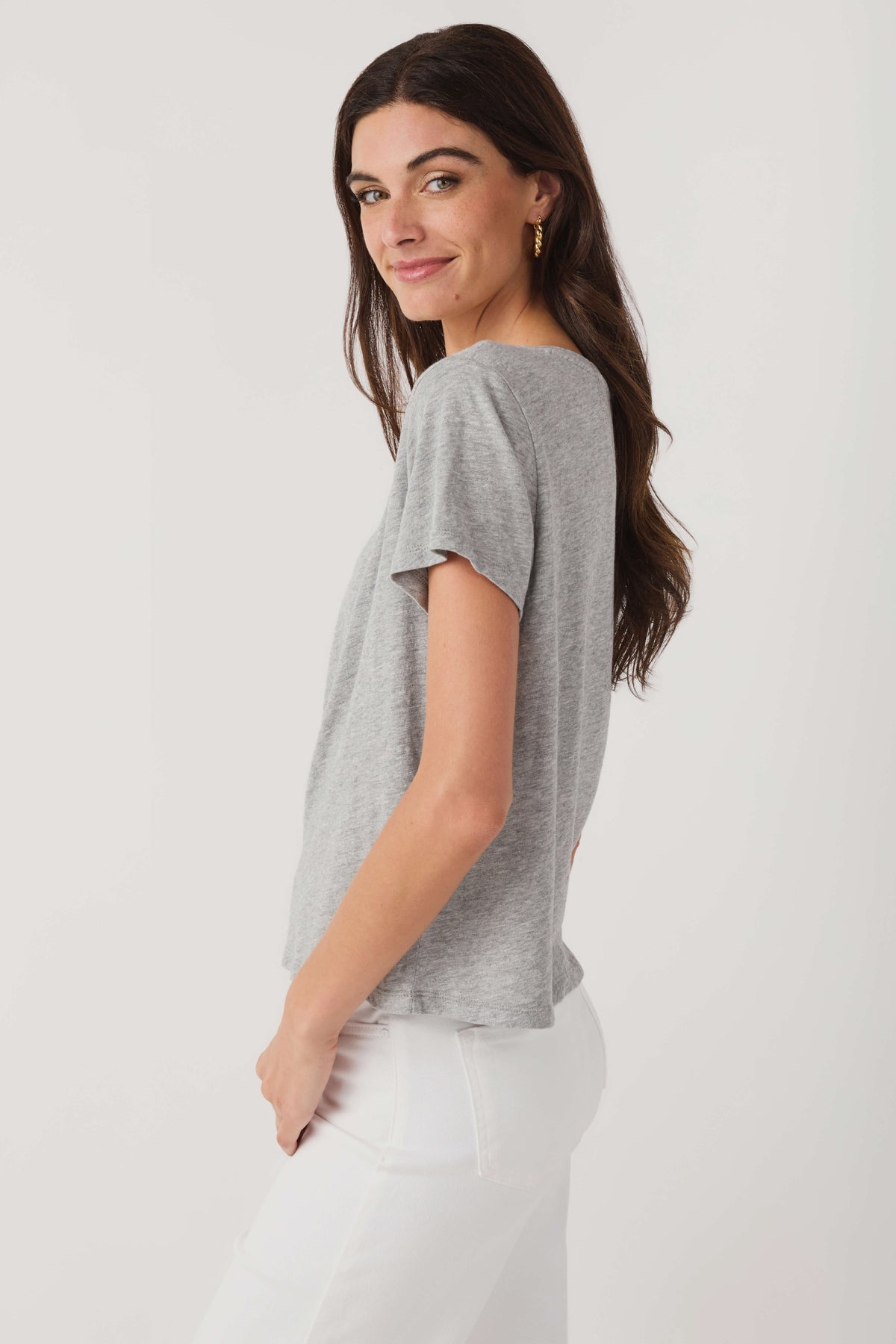 Heather gray V-neck short-sleeve tee shirt, side profile