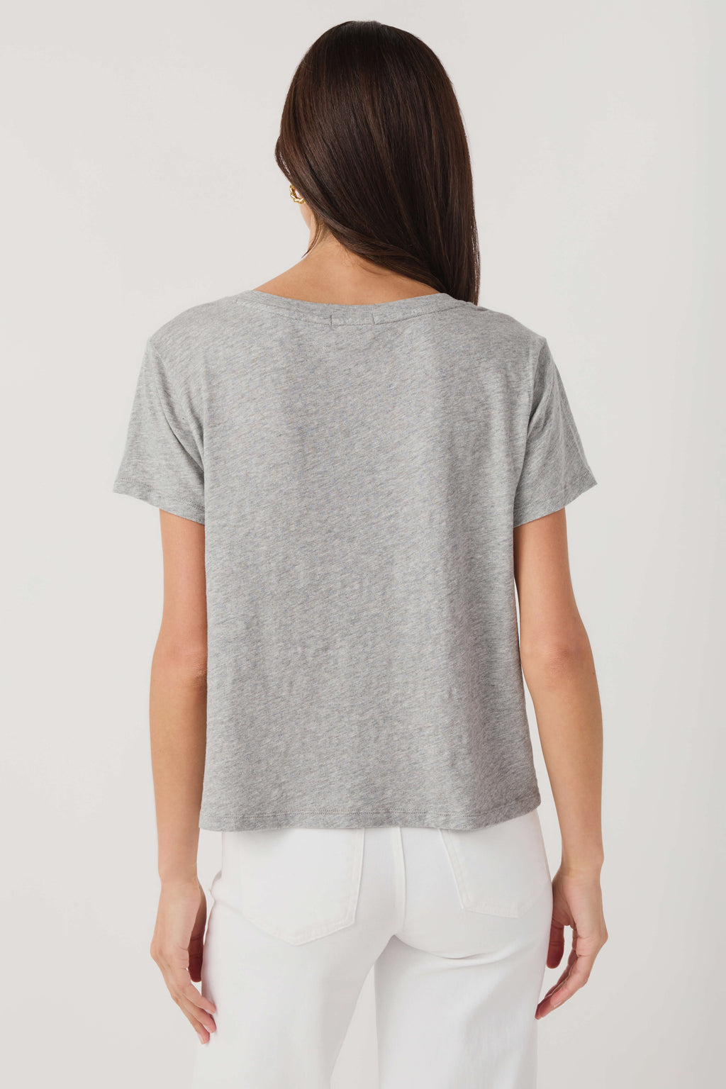 Heather gray V-neck short-sleeve tee shirt, back view