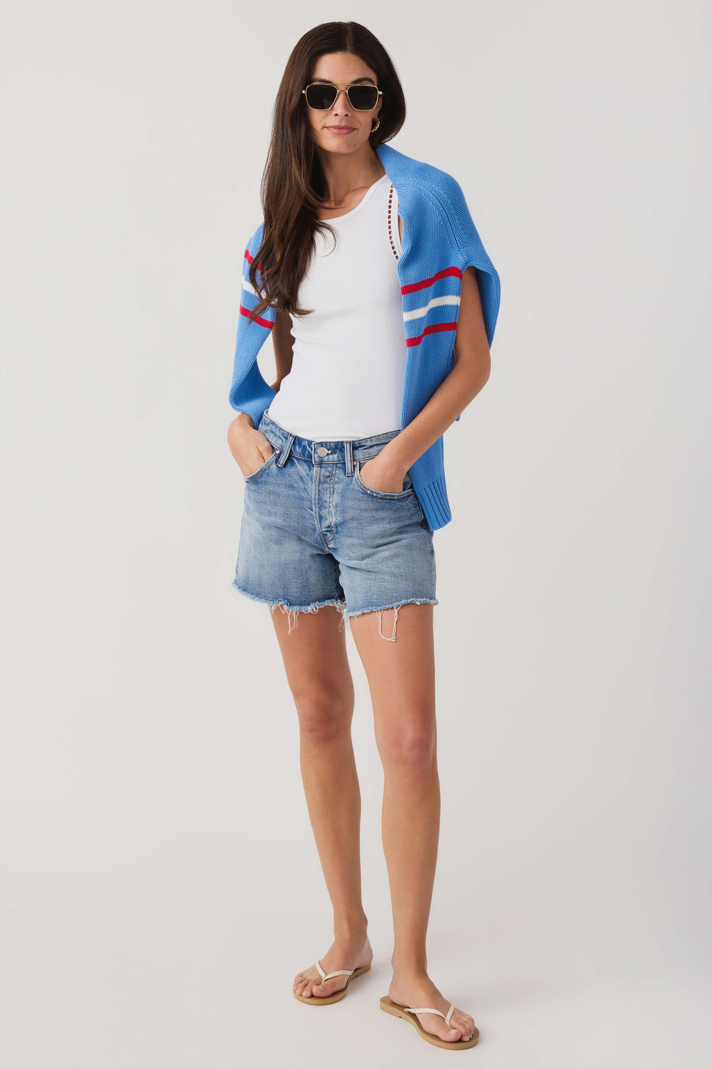 Blue V-neck short-sleeve tee with pocket detail and relaxed fit