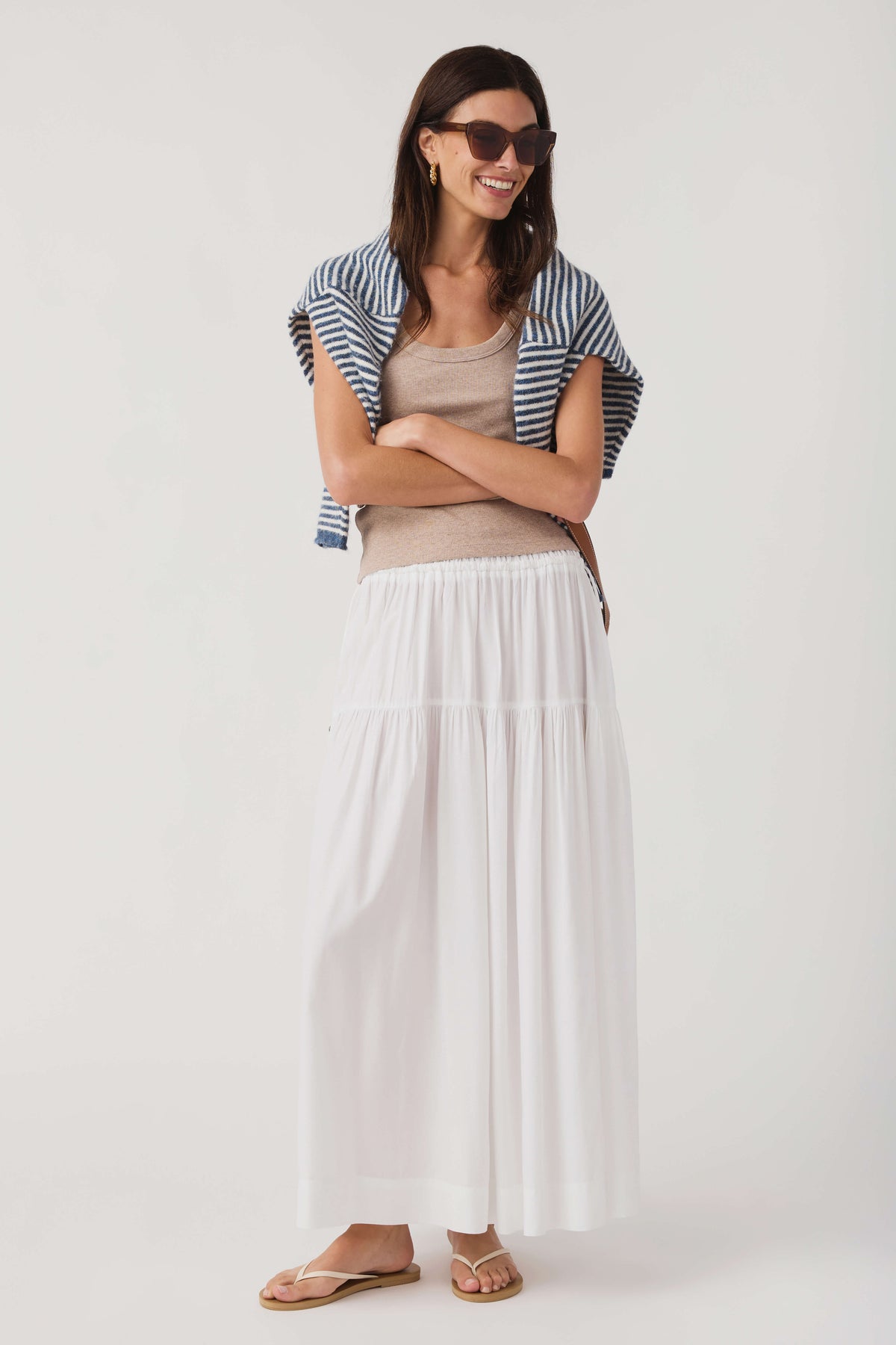 Heather ash scoop-neck sleeveless tank top under striped kimono