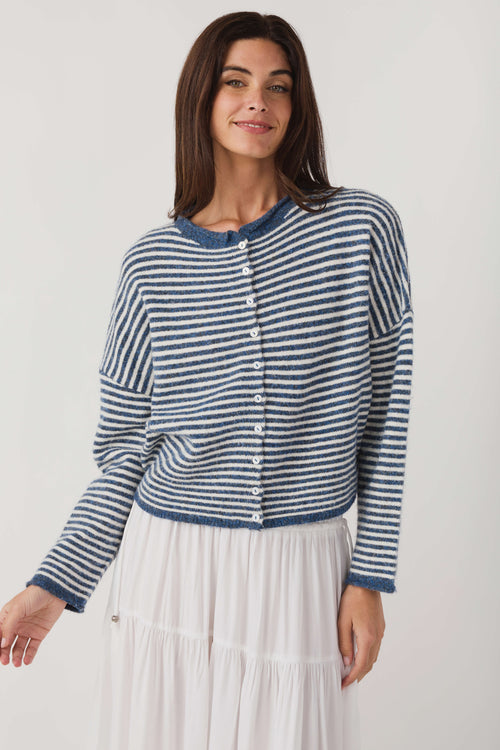 Striped knit cardigan with front buttons and long sleeves; blue-and-white horizontal stripes
