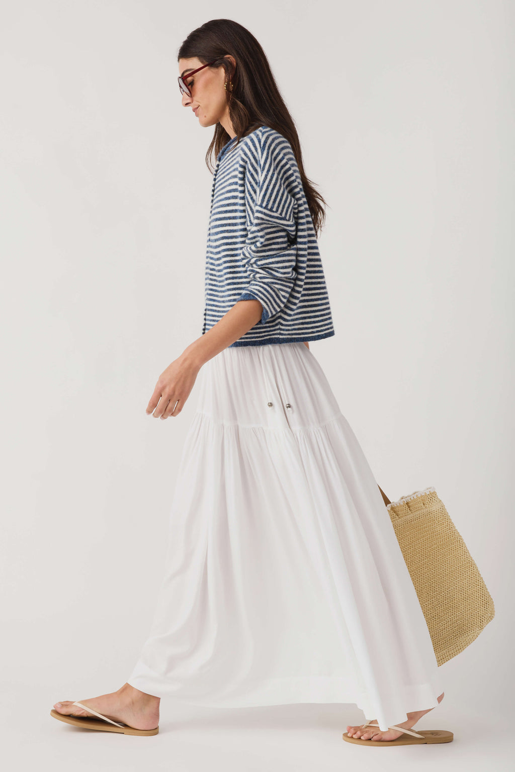 Striped knit cardigan with button front; blue-and-white horizontal stripes, side view