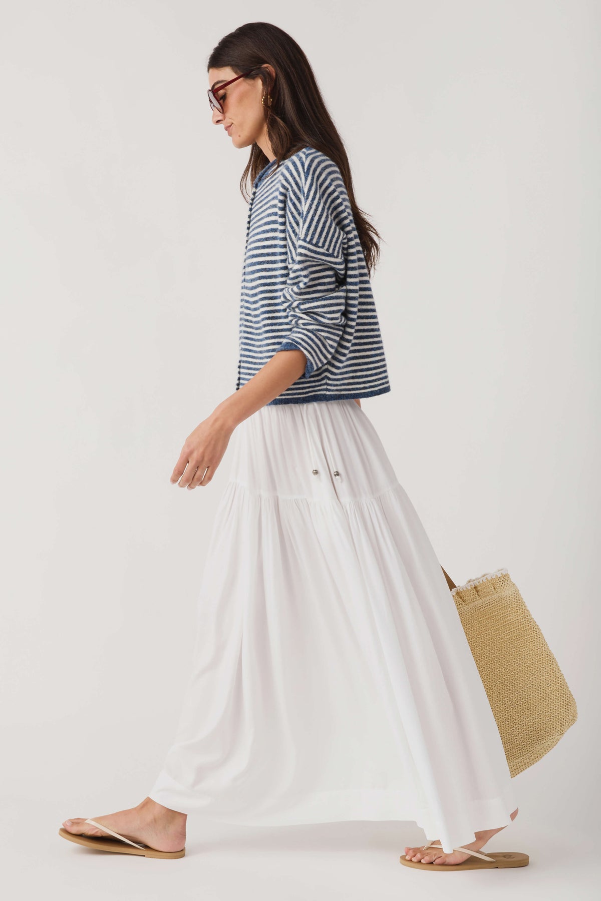 Striped knit cardigan with button front; blue-and-white horizontal stripes, side view