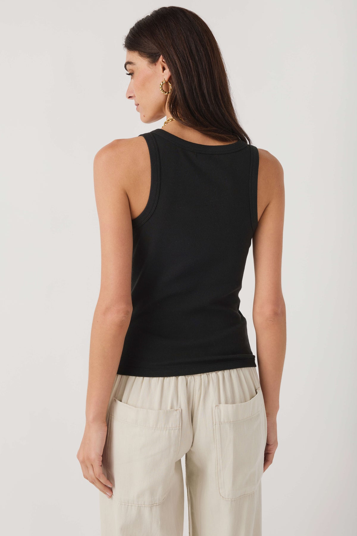 Black scoop neck tank top, back view with wide shoulder straps