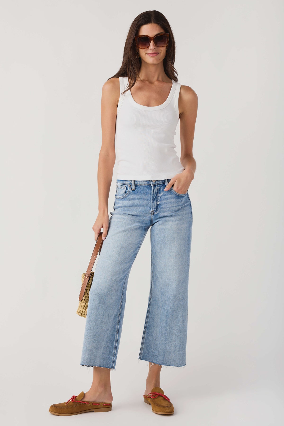 White scoop neck tank top with wide shoulder straps
