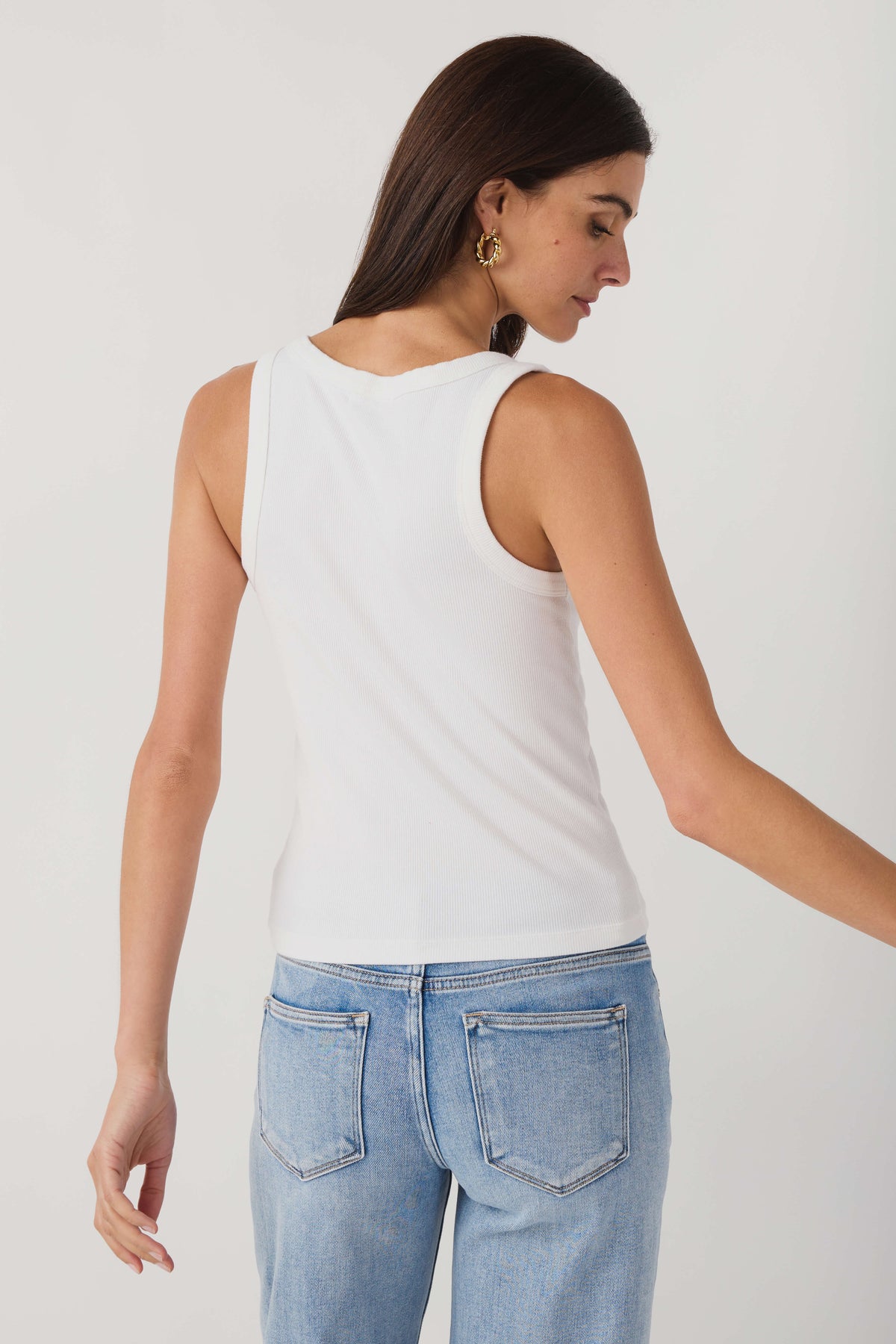 White scoop neck tank top, back view with wide shoulder straps