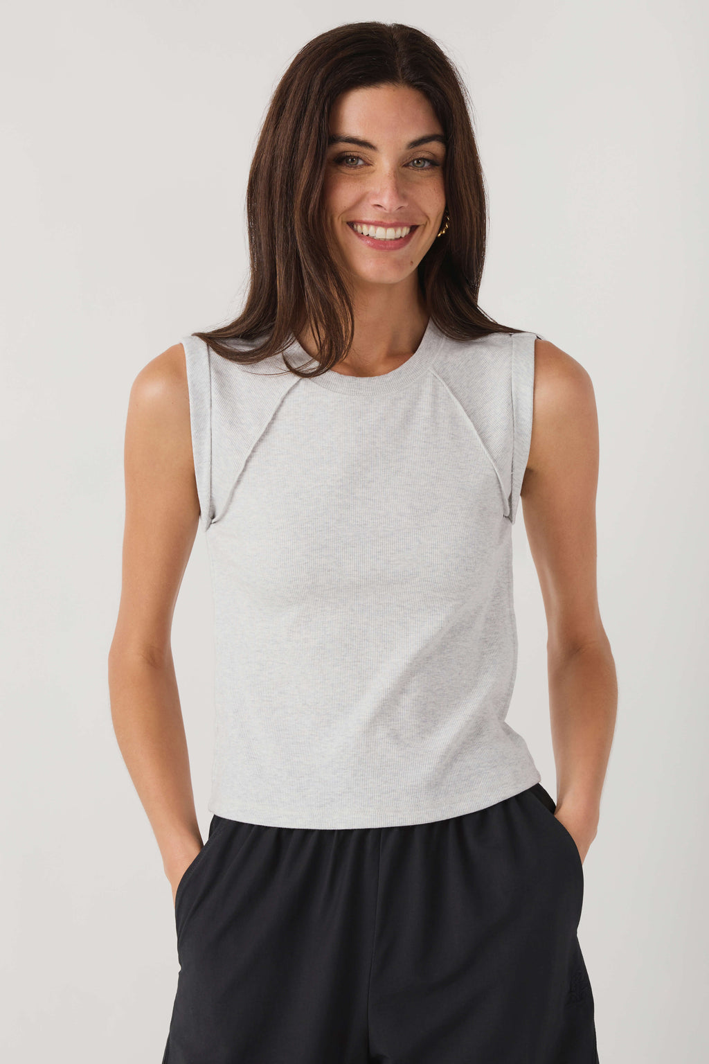 Light gray heather muscle tank with crew neckline and relaxed fit