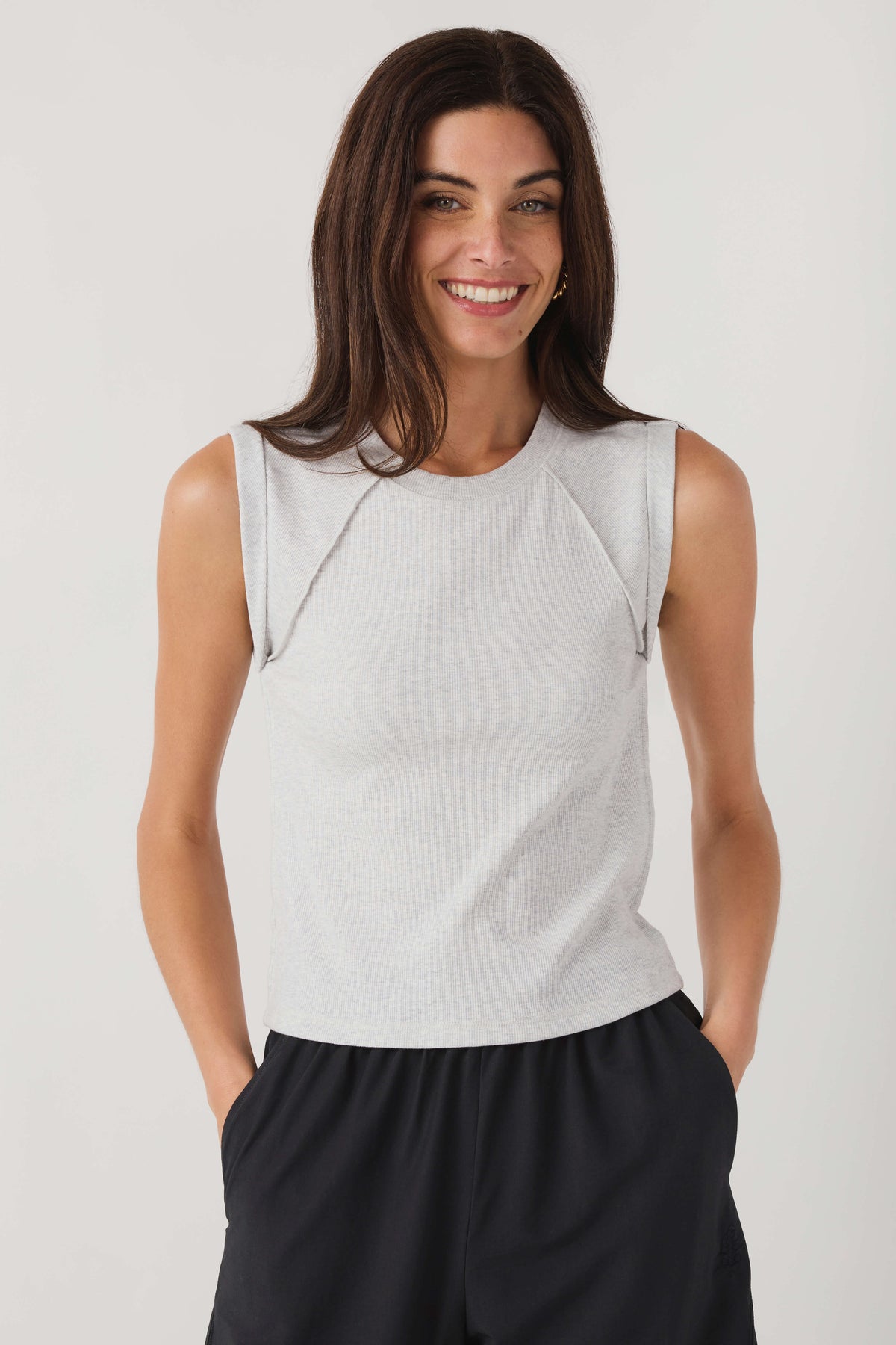 Light gray heather muscle tank with crew neckline and relaxed fit